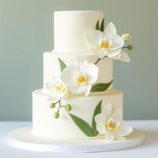 A three-tier wedding cake decorated with white orchids and delicate green leaf patterns.